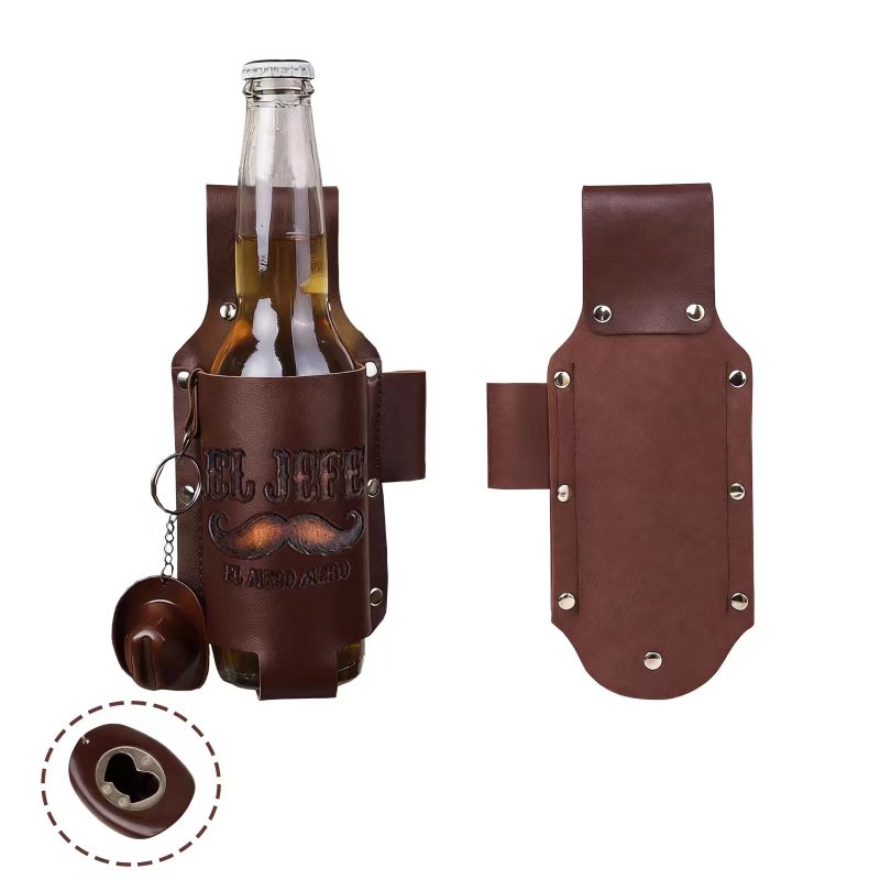 🍺(Father's Day Sale 50% Off)Leather Beer Holste – Hands-Free Belt Bottle Holder for BBQ, Camping & Outdoor Adventures
