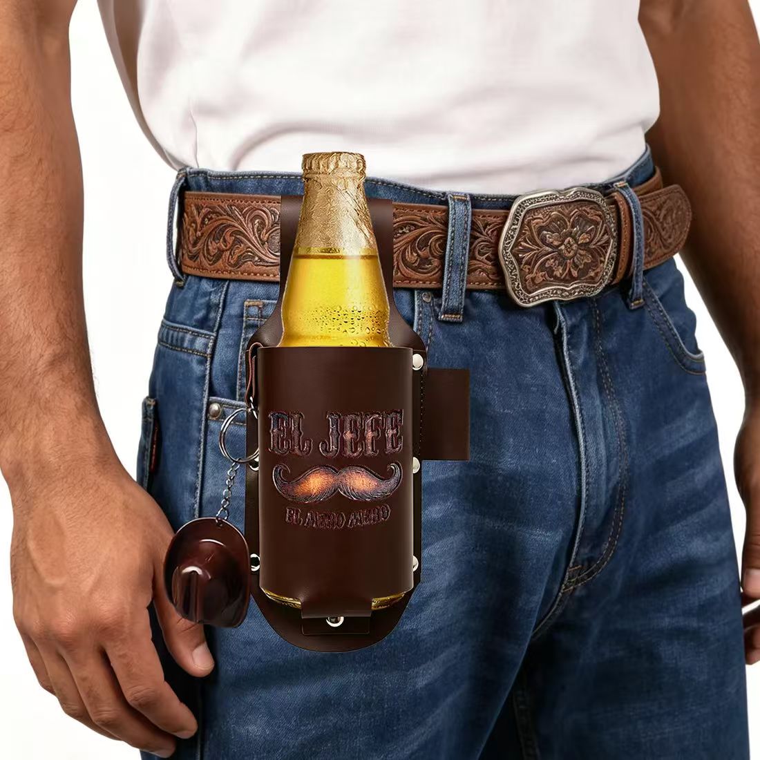 🍺(Father's Day Sale 50% Off)Leather Beer Holste – Hands-Free Belt Bottle Holder for BBQ, Camping & Outdoor Adventures